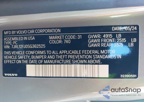 2025 Volvo S60 B5 Core z USA, uszkodzony, nr VIN 7JRL12FJ0SG362525